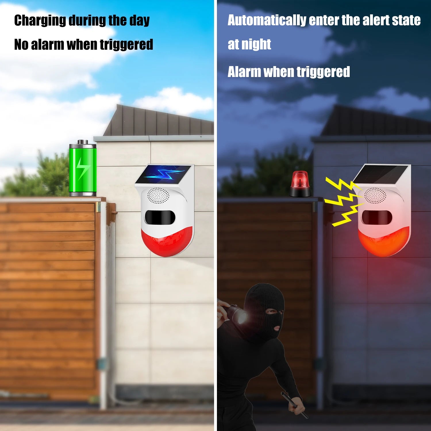 White solar-powered wireless outdoor security alarm with motion sensor and flashing red warning light.