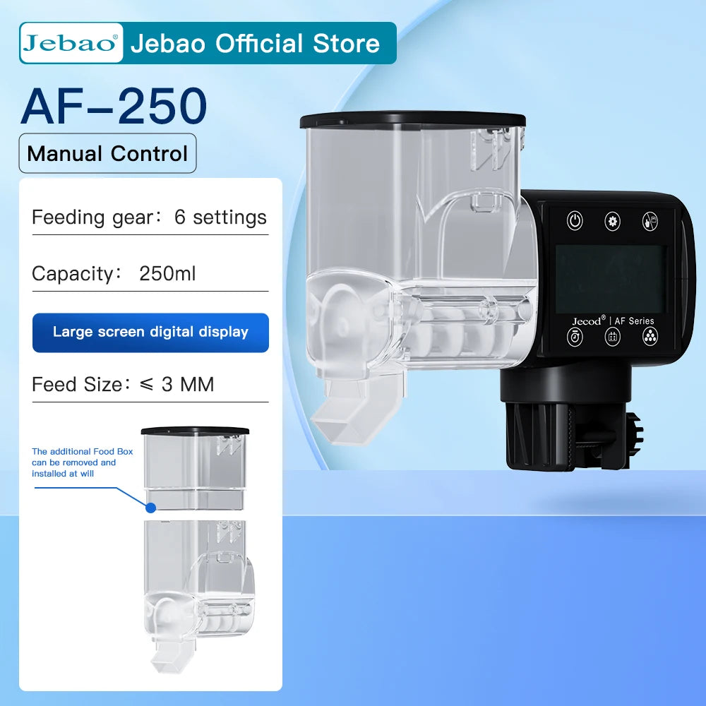 Black and clear automatic fish feeder with a digital display, 250ml capacity, and detachable food container.