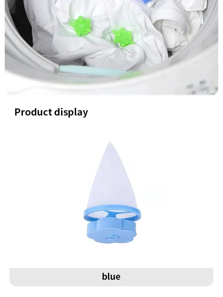A blue cone-shaped laundry hair catcher with a flower-shaped base, shown on a white background.