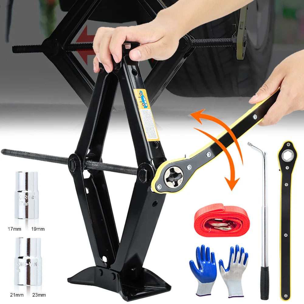 Black 2.5T car scissor jack with hand crank, plus two sockets, a red tow rope, gloves, and wrenches.