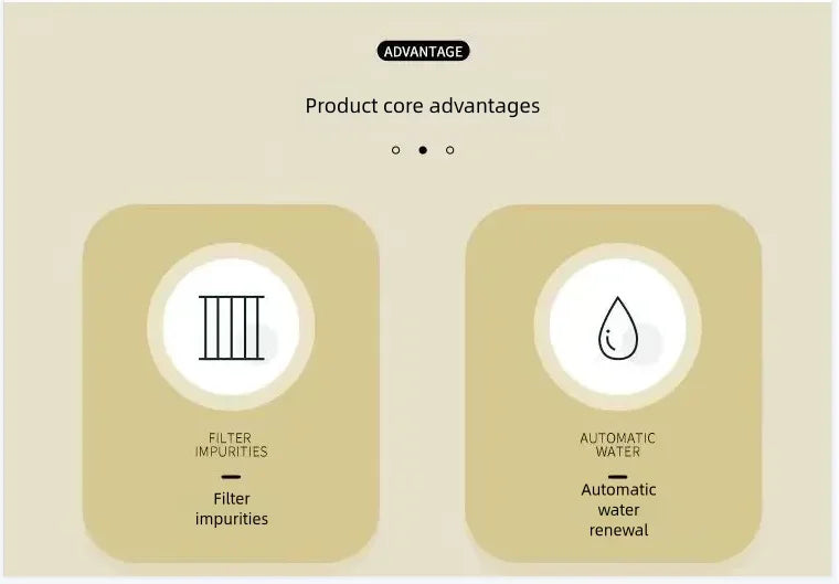 Cream-coloured infographic showing pet feeder features: water filtration and automatic water renewal.