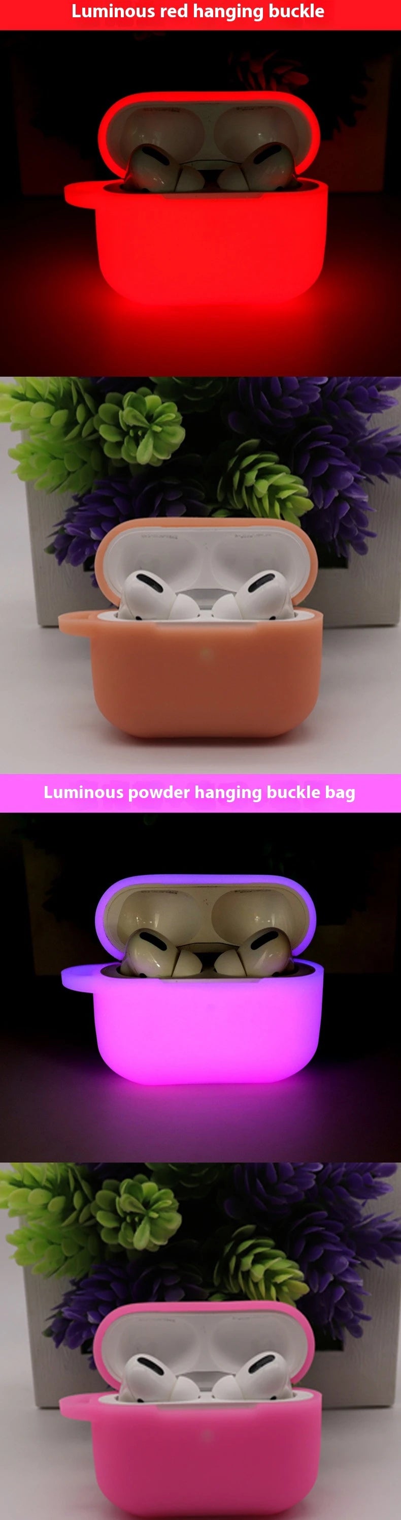 Luminous silicone AirPods Pro cases in red, pink, and purple, shown glowing and in daylight.