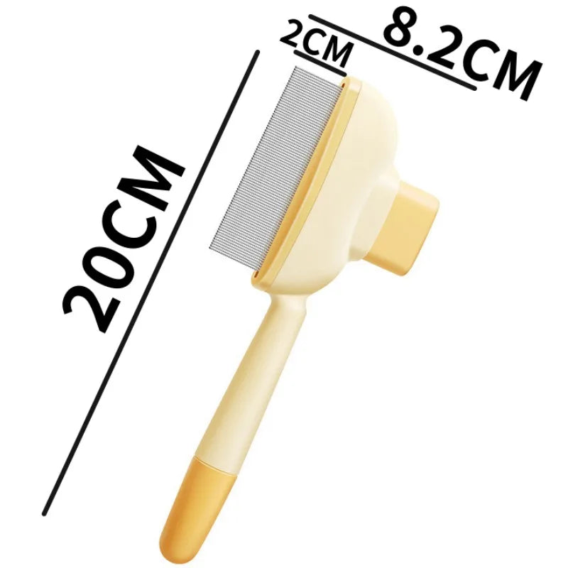 Cream-coloured pet grooming brush with fine metal bristles and dimension labels.