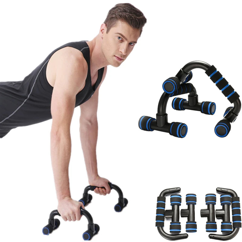 A man performing push-ups using black and blue foam-padded push-up bar stands.