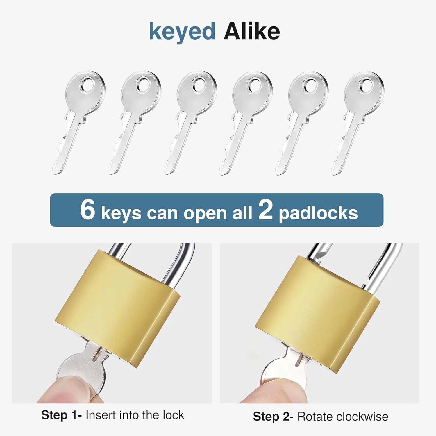 Set of two brass padlocks with six silver keyed-alike keys, shown with operating instructions.