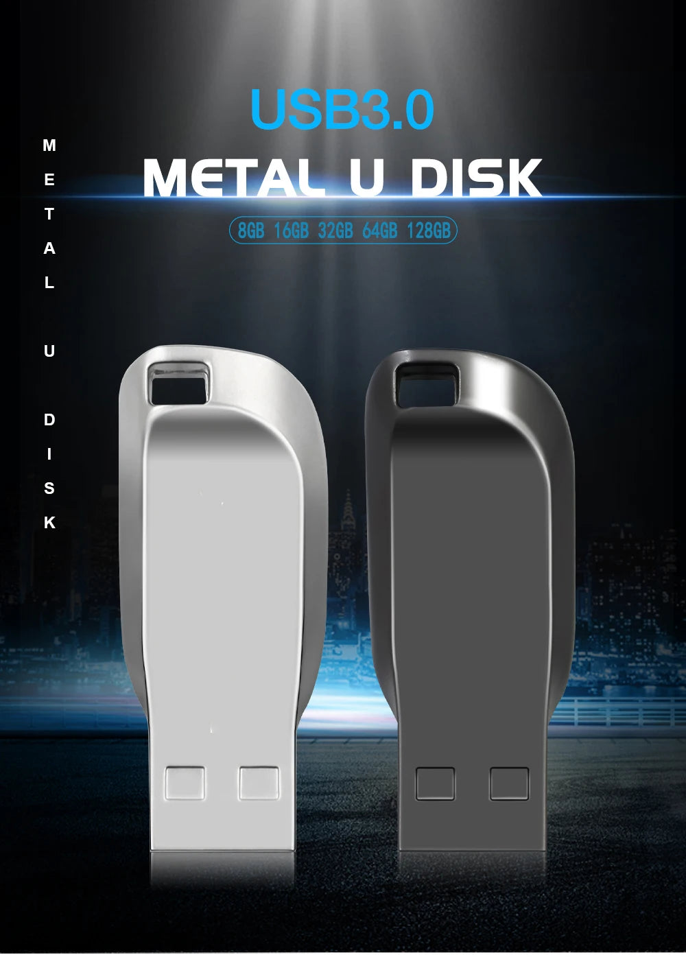 Two sleek, high-speed metal USB 3.0 flash drives in silver and dark grey, featuring a compact, ergonomic key-loop design.