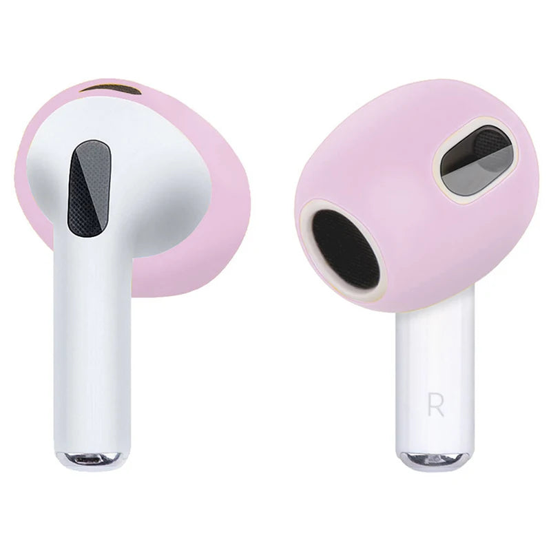 Pastel pink silicone skin covers for Apple AirPods (Gen 3). Slim, protective adhesive style.