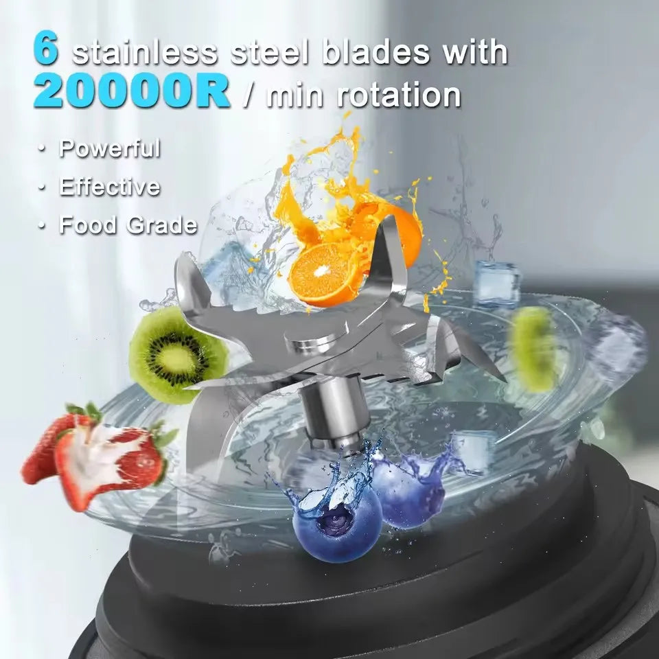 Six-blade stainless steel blender attachment surrounded by splashing water, sliced oranges, strawberries, and blueberries.