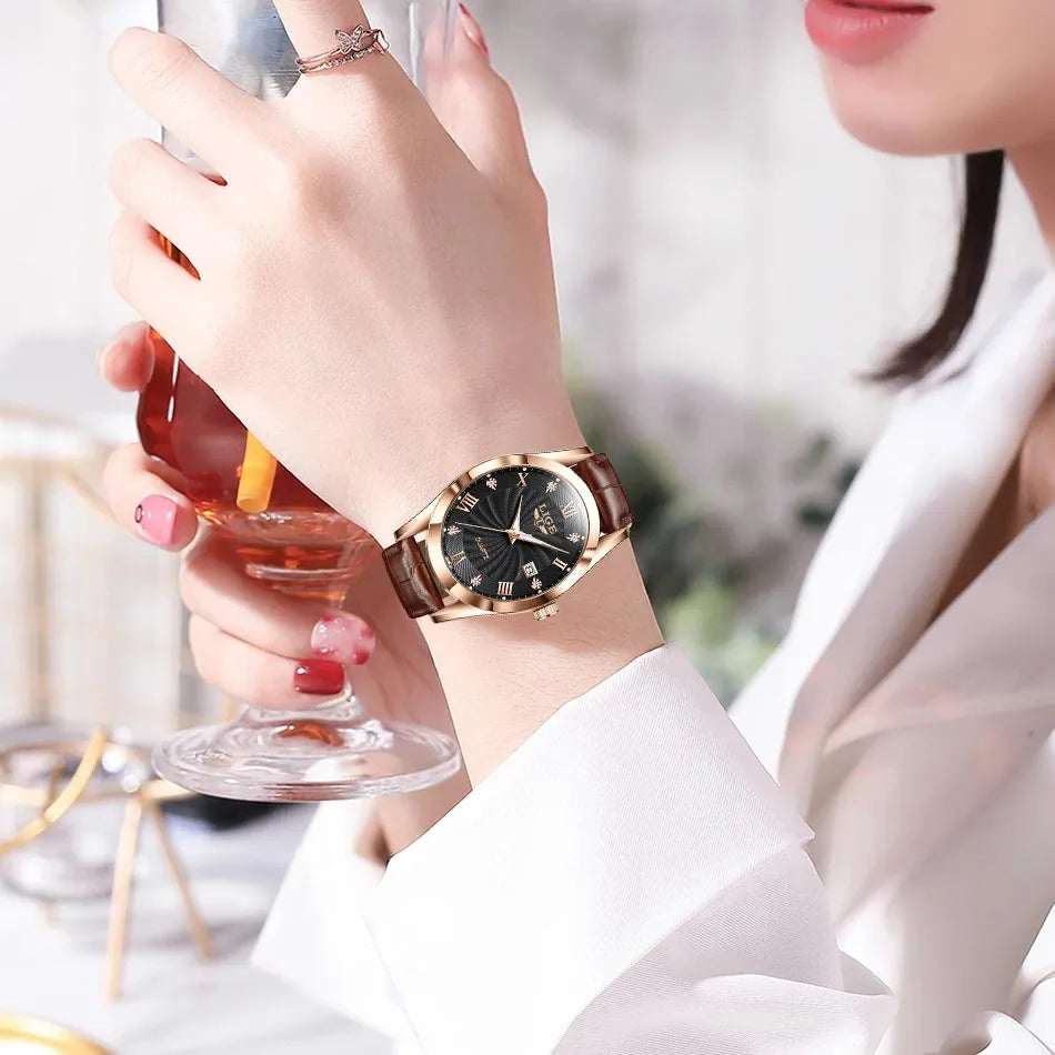 Elegant women's quartz watch with a rose gold casing, black textured dial, and brown leather strap.