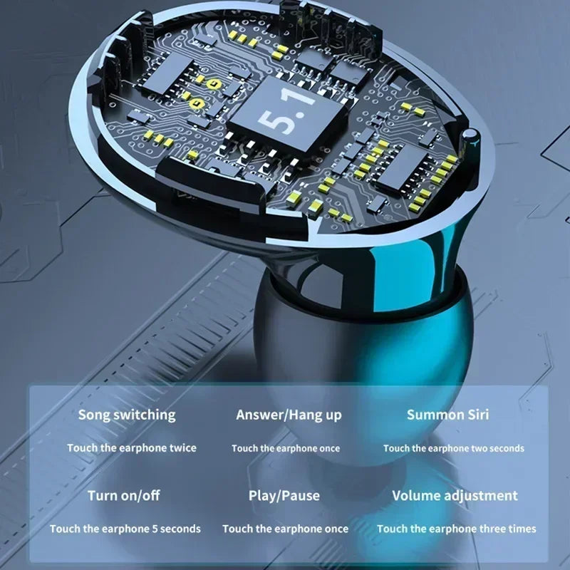 Wireless earbud with exposed interior circuitry and a "5.1" label, featuring a metallic blue finish and touch controls.