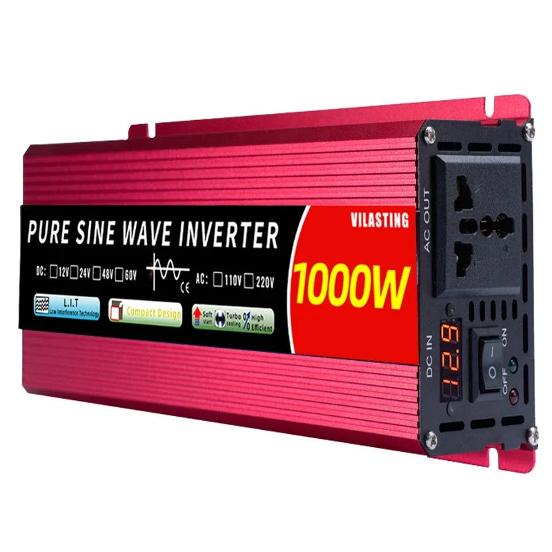 Red 1000W pure sine wave power inverter with a black front panel, UK socket, digital display, and power switch.