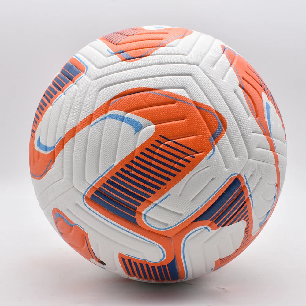 White football with orange and blue patterned graphics, featuring textured panels for improved grip and flight.