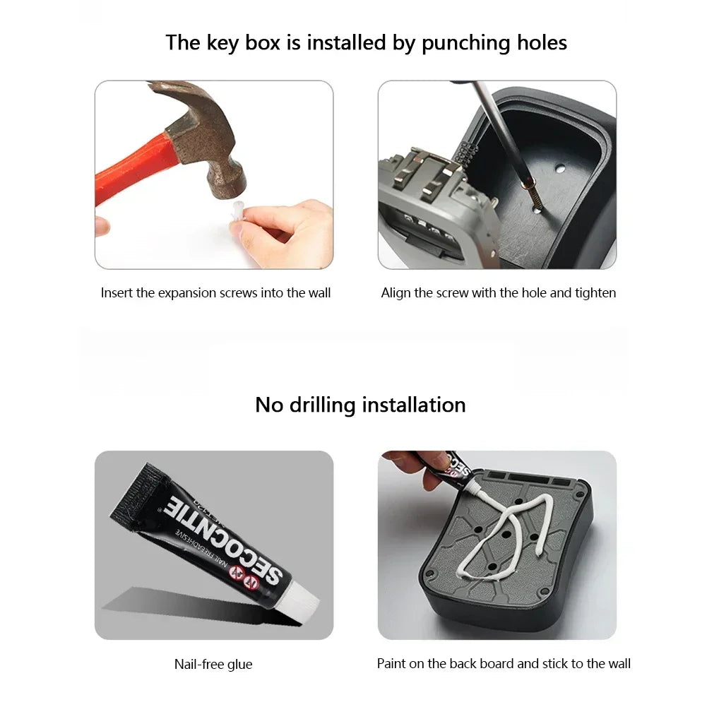 Black metal key lock box shown with installation methods: drilling with screws or using adhesive glue.