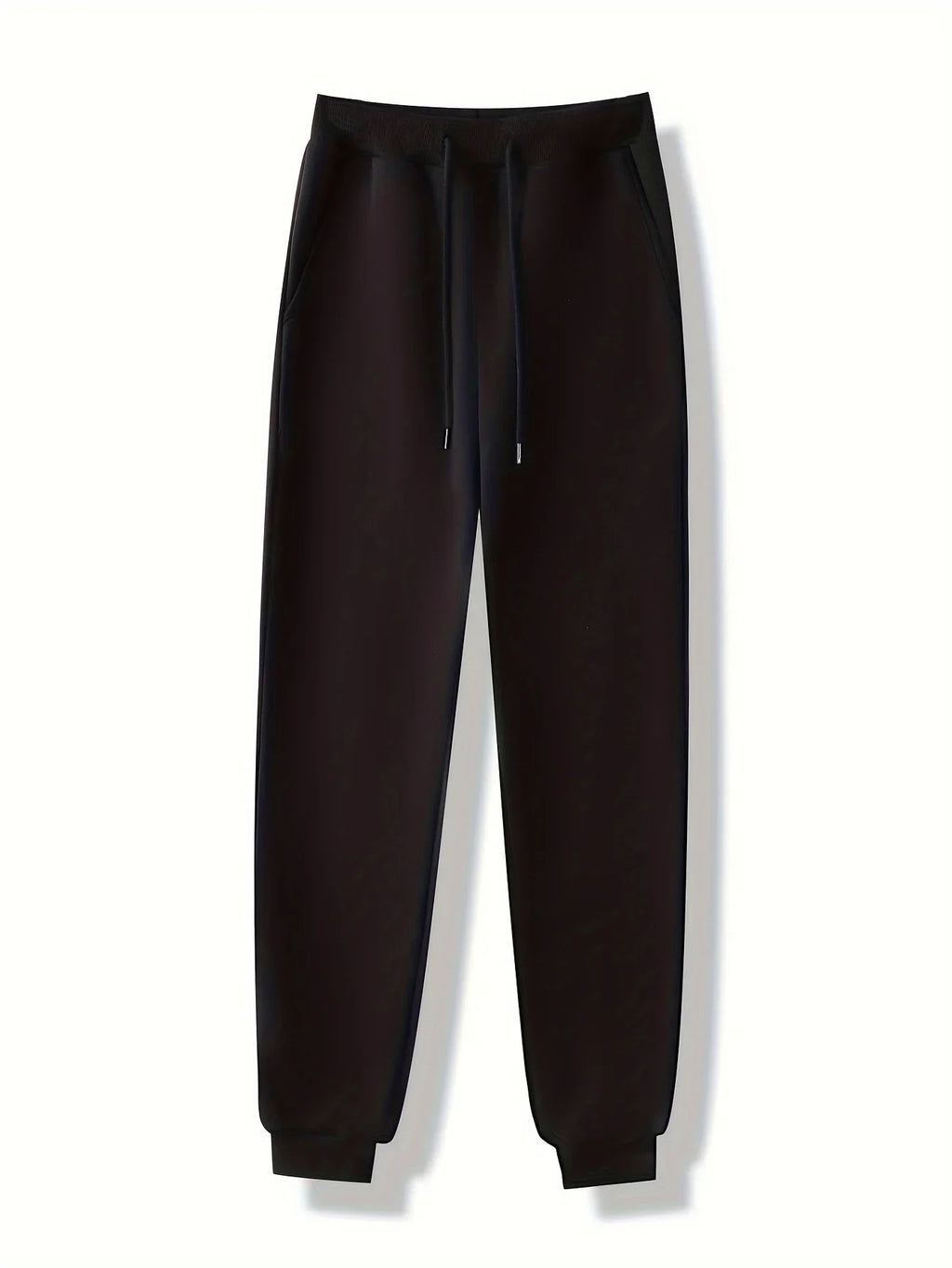Black jogger-style sweatpants with an elasticated waistband, drawstring tie, and ribbed ankle cuffs.