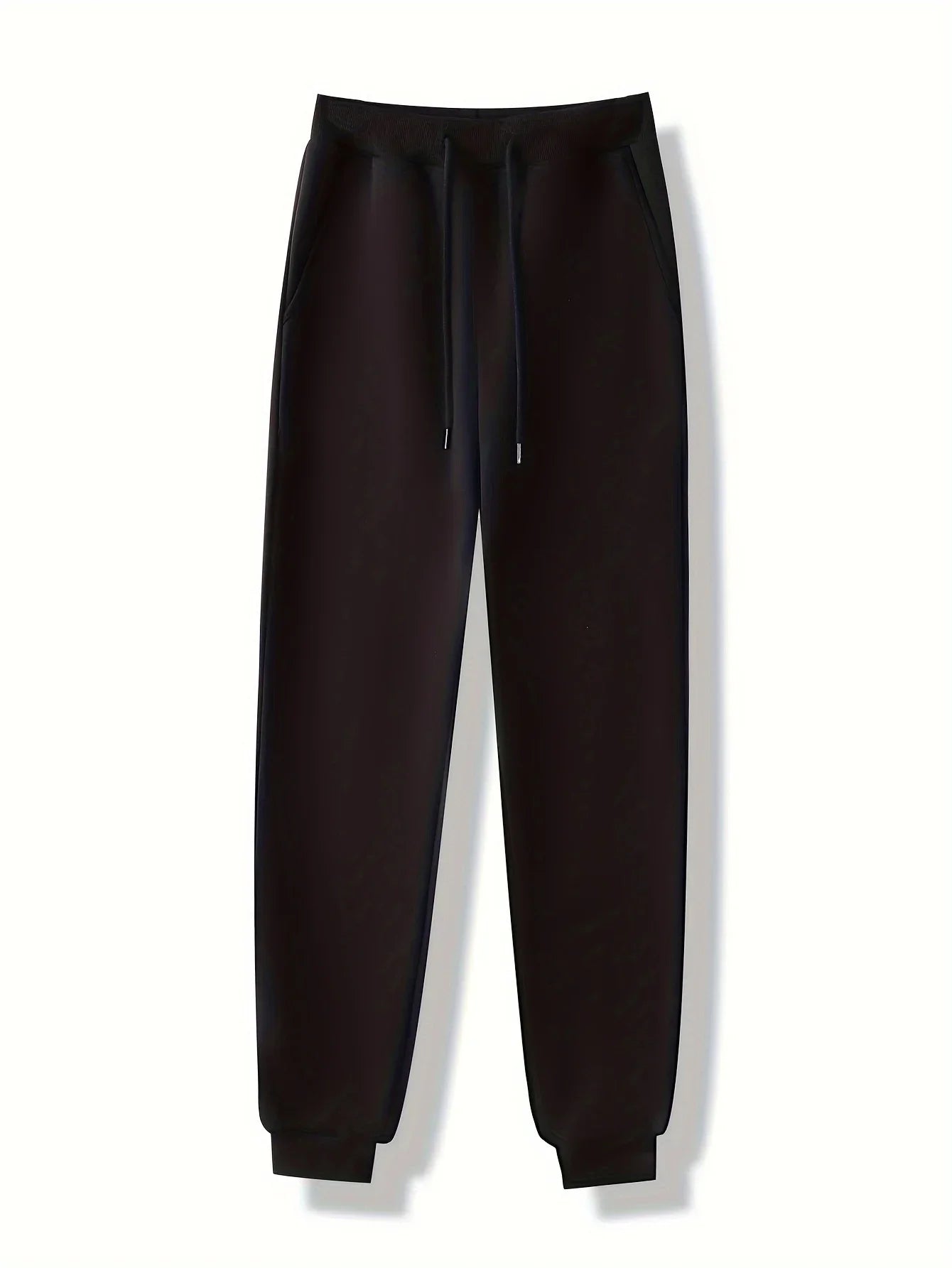 Black jogger-style sweatpants with an elasticated waistband, drawstring tie, and ribbed ankle cuffs.