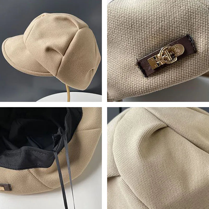 Beige retro newsboy beret in textured fabric, featuring a side buckle detail and black interior lining.