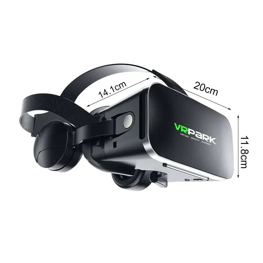 Black VR headset with integrated headphones, an adjustable strap, and dimension labels on a white background.
