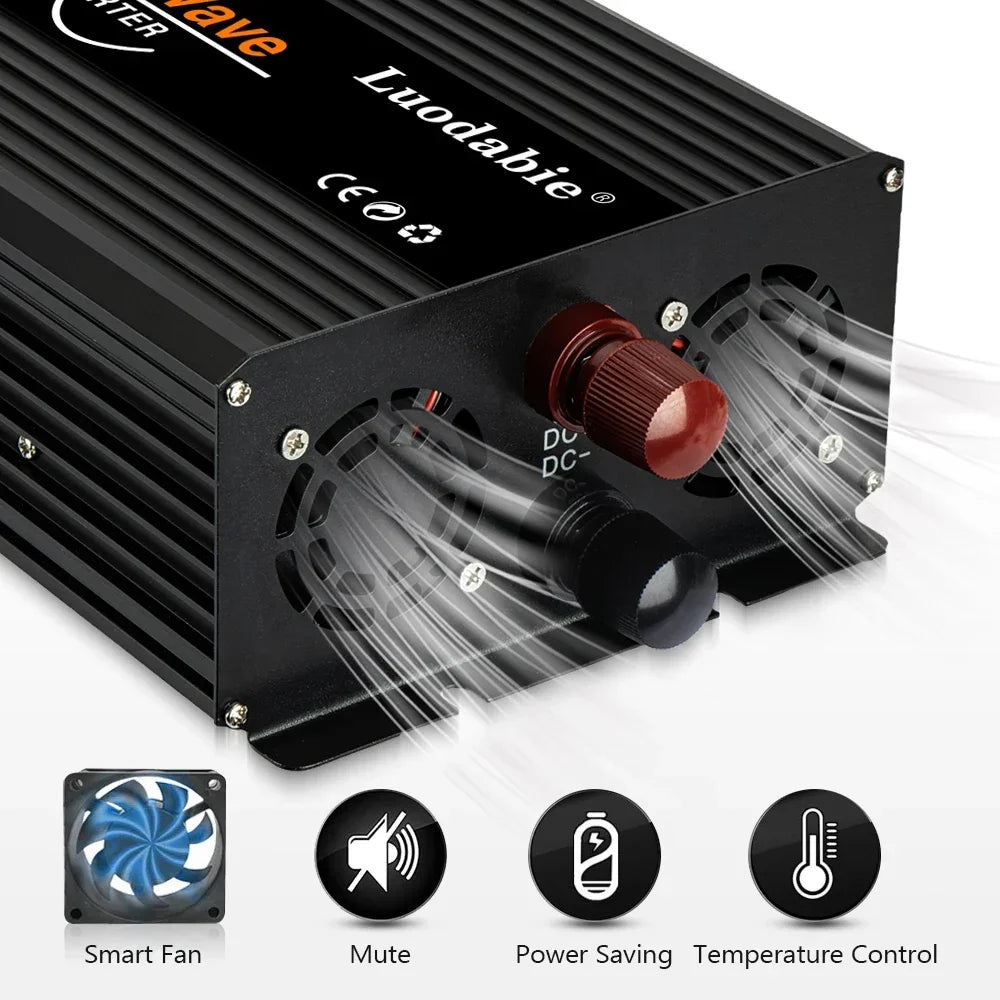 Black 4000W-6000W DC to AC power inverter with cooling fans and red and black battery terminals.