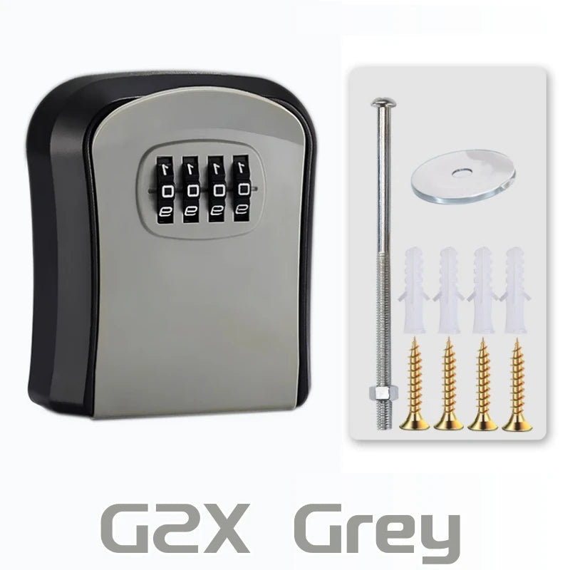 Grey and black wall-mounted metal key lock box with a four-digit combination dial, including mounting hardware.