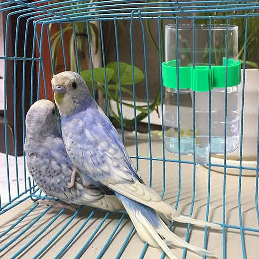Clear plastic bird water dispenser with a bright green mount attached to the bars of a blue birdcage.