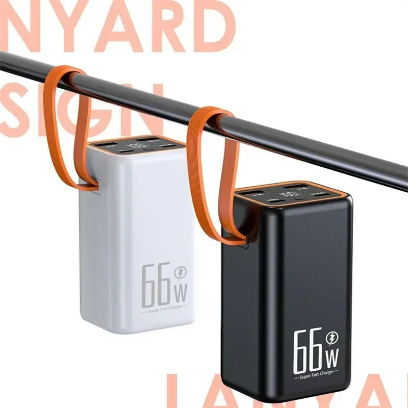 Black and white 20,000mAh fast-charging power banks with orange carry straps hanging from a rail.