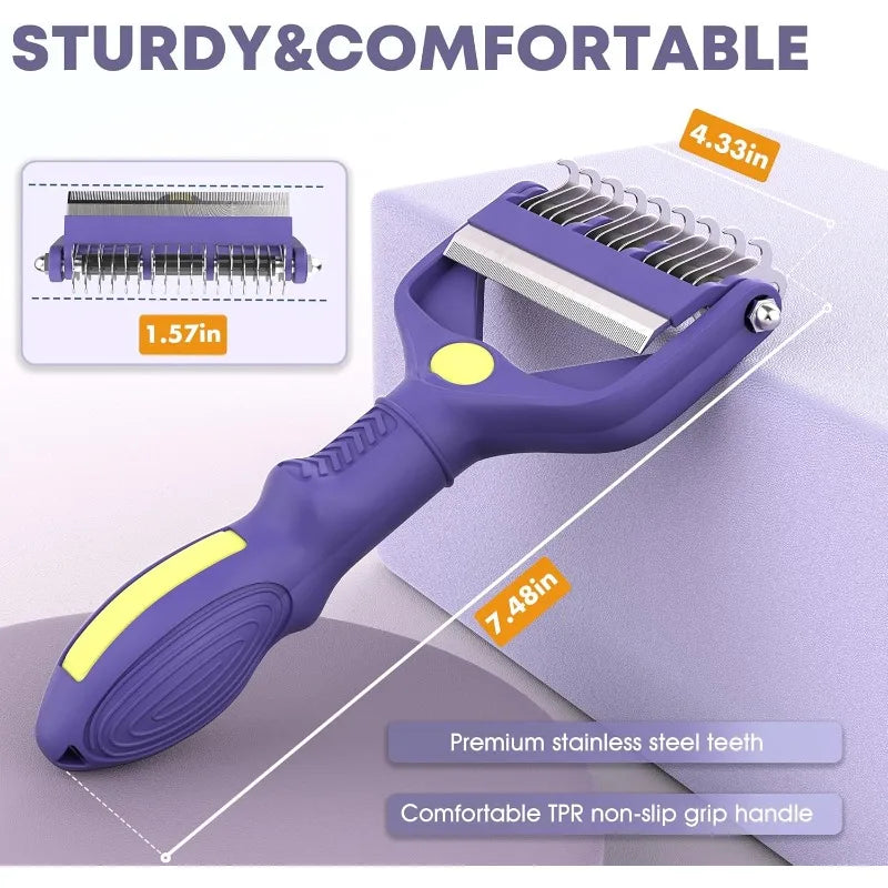 Purple pet grooming rake with stainless steel dual-sided teeth and ergonomic non-slip handle.