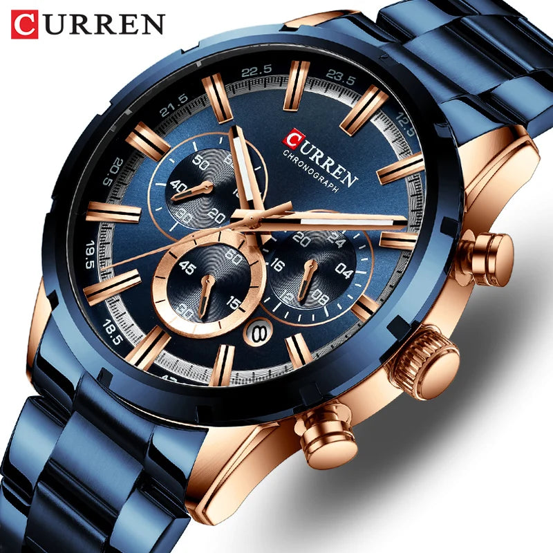 Curren blue and rose gold chronograph watch with a round face, three sub-dials, and metallic link band.