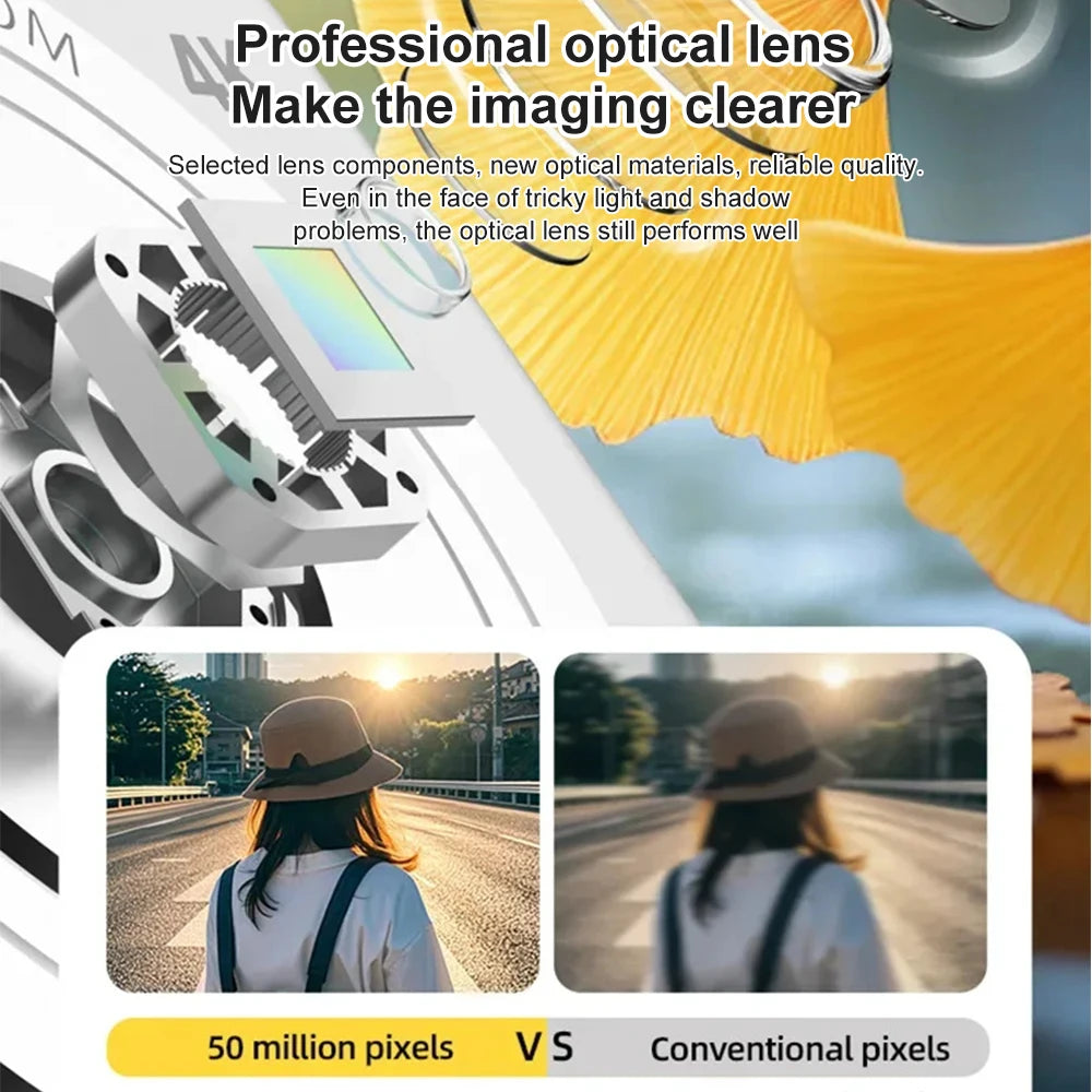 Silver metal camera lens assembly with a 50-megapixel sensor compared to a conventional lens.
