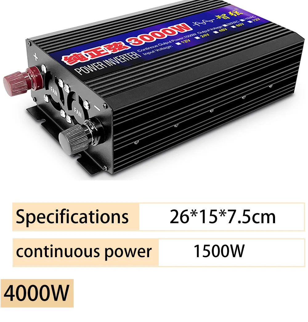 Black, rectangular power inverter with ribbed metal casing, red and black input terminals, and integrated cooling fans.