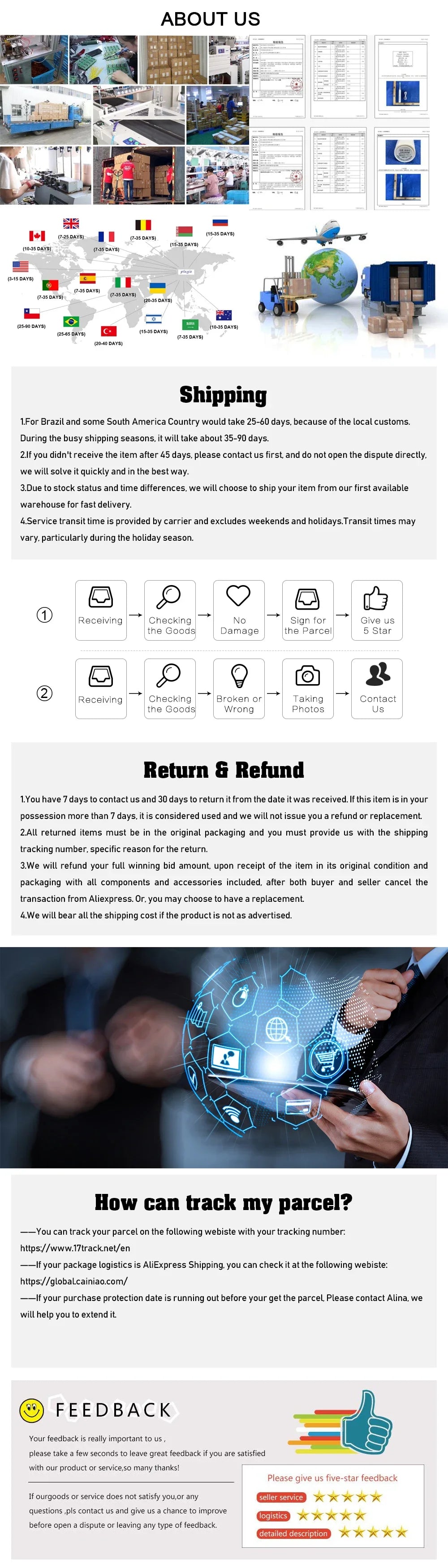 Store information banner with sections for shipping, returns, tracking, and customer feedback.