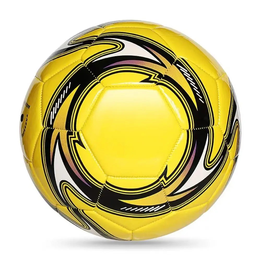 Bright yellow football with a dynamic black and white graphic pattern and traditional stitched panel design.