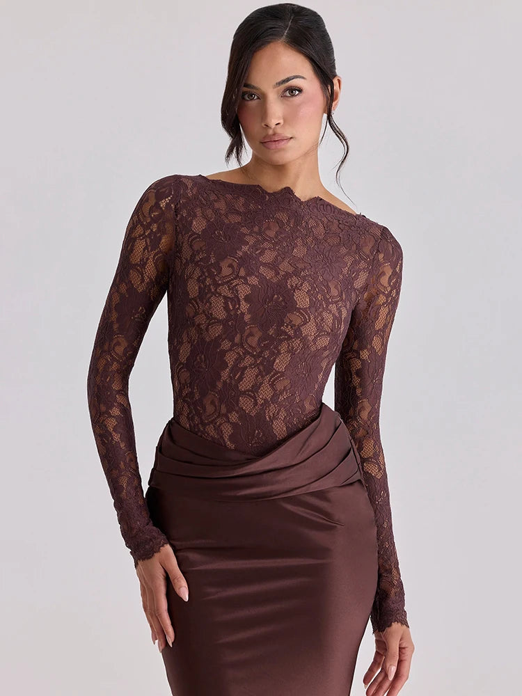 Brown lace long-sleeve bodice and ruched satin skirt bodycon dress.