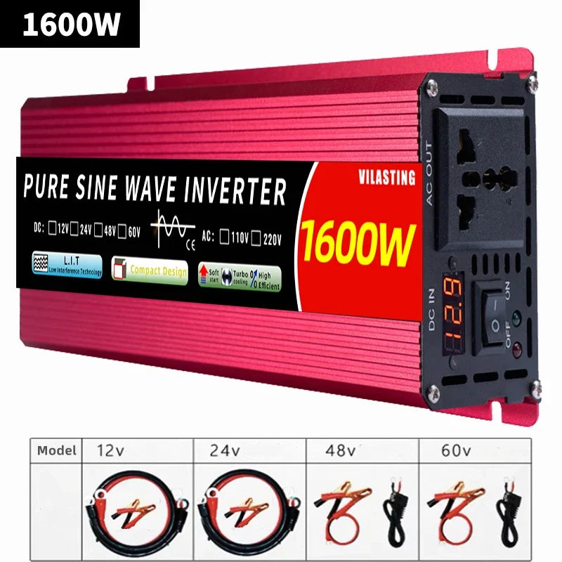 Red 1600W pure sine wave power inverter with a digital display, AC outlet, and battery connection cables.