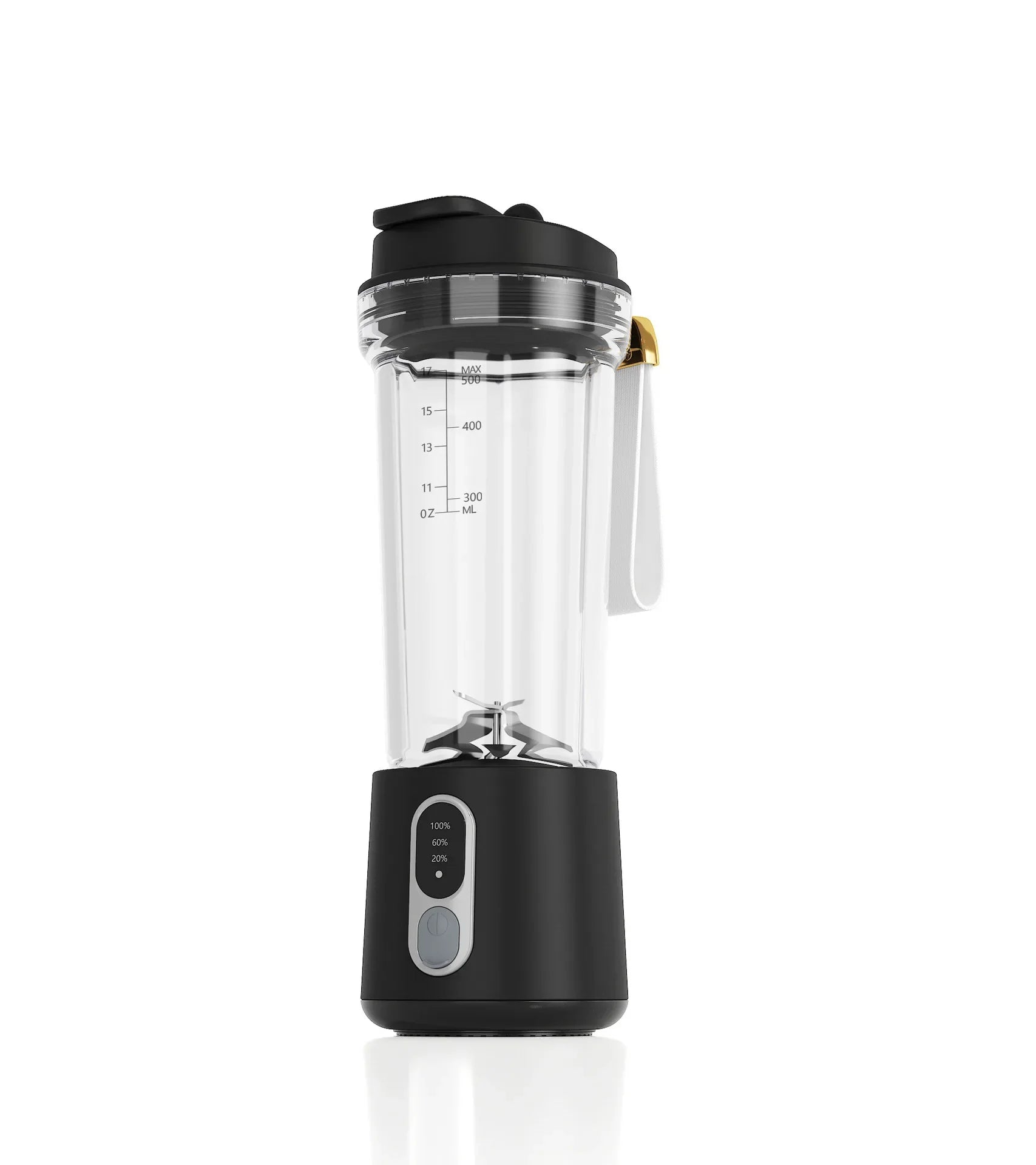 Portable black personal blender with a clear 500ml container, stainless steel blades, and a minimalist base design.