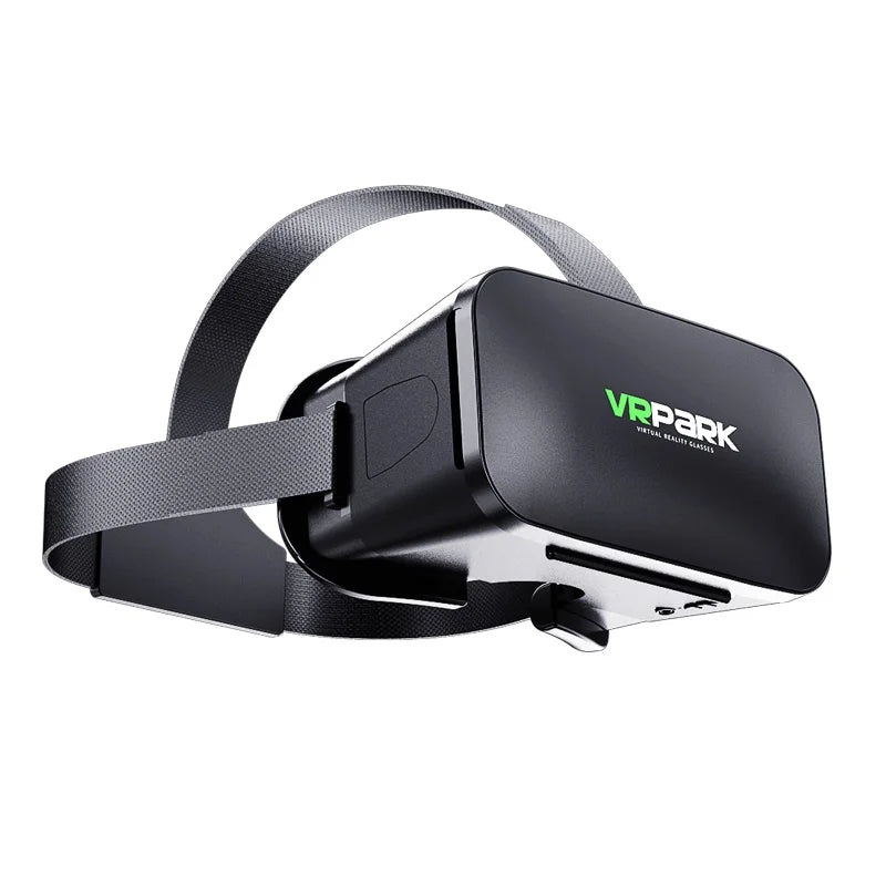 Black virtual reality headset with an adjustable grey fabric head strap, isolated on a white background.