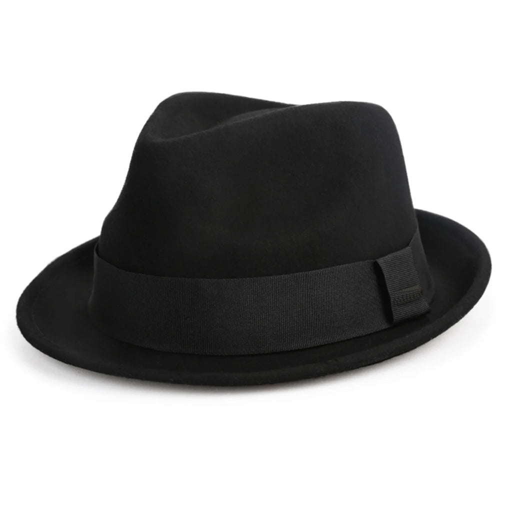 A classic black unisex wool felt fedora with a structured crown and matching black ribbon trim.