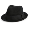 A classic black unisex wool felt fedora with a structured crown and matching black ribbon trim.
