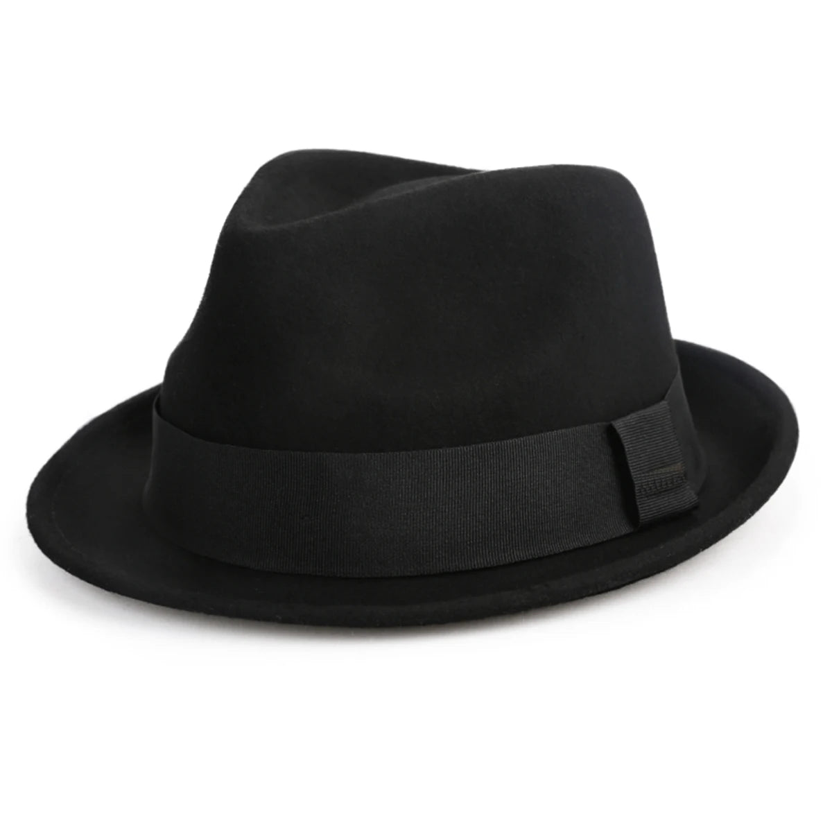 A classic black unisex wool felt fedora with a structured crown and matching black ribbon trim.