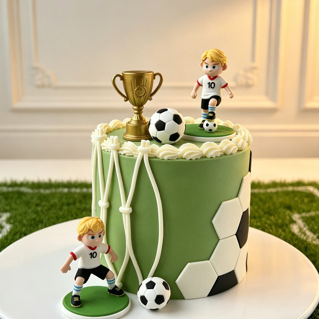 Green football-themed cake featuring soccer player figures, a gold trophy, and ball decorations on a white platter.