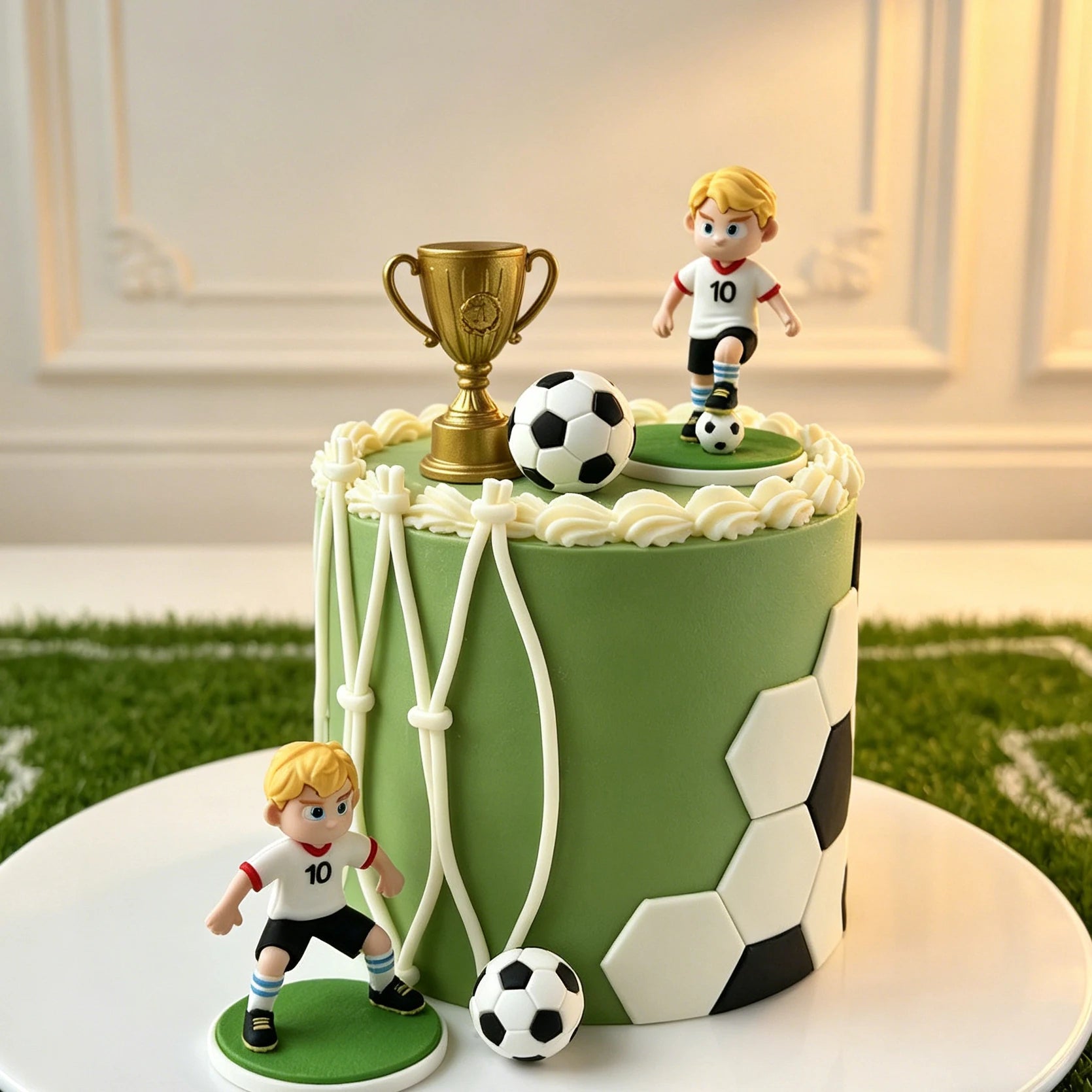 Green football-themed cake featuring soccer player figures, a gold trophy, and ball decorations on a white platter.