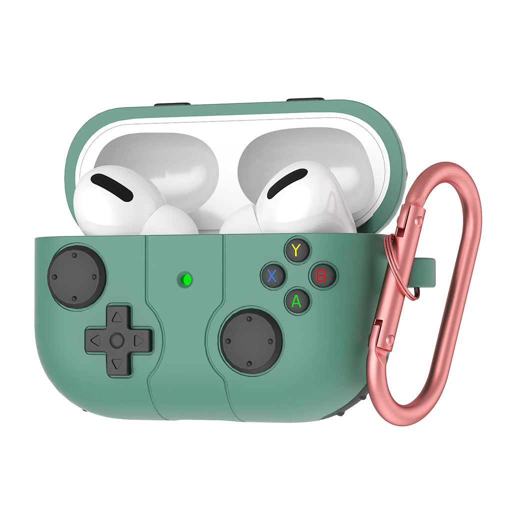 Green silicone controller-style case for AirPods Pro, featuring a rose gold carabiner.