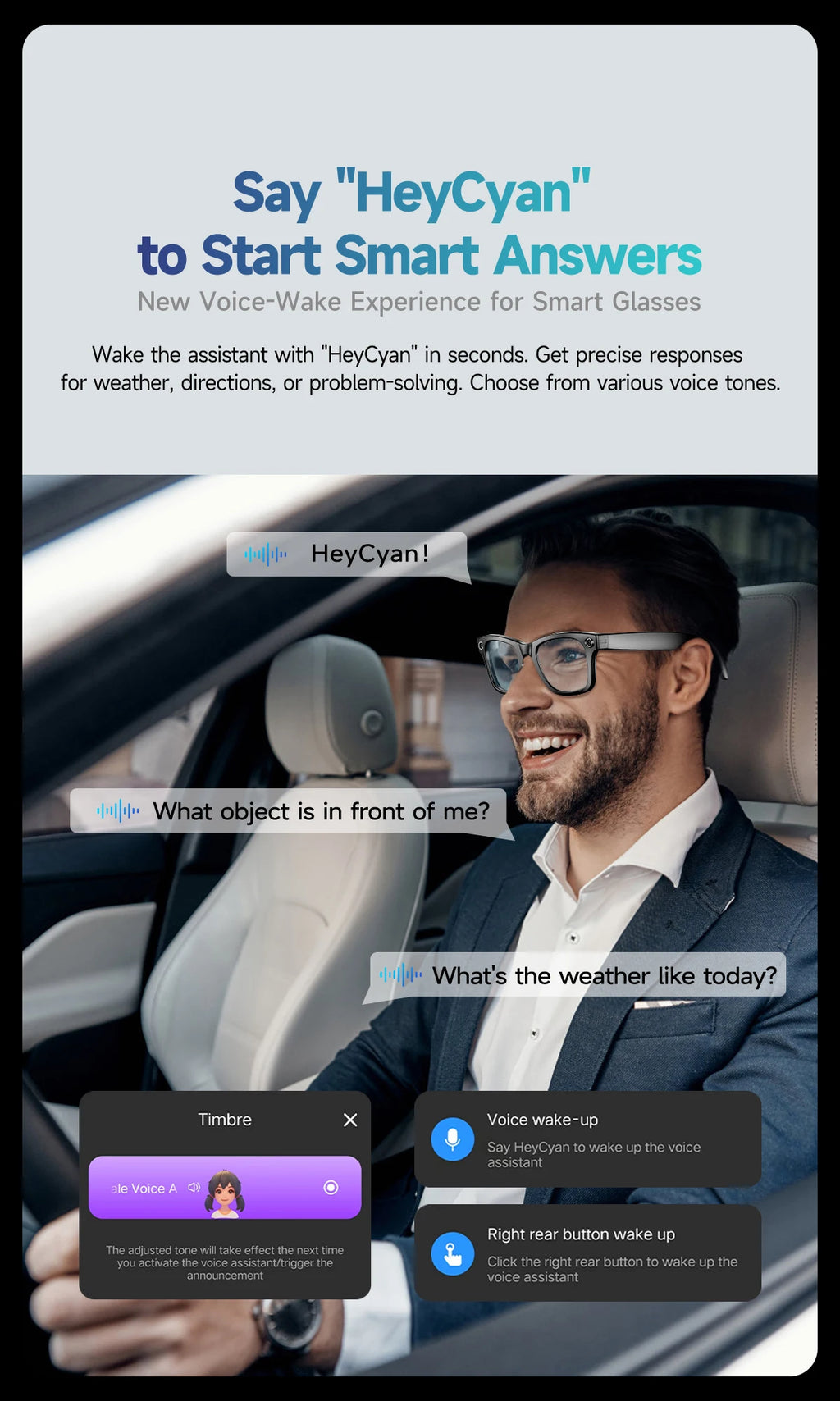 Man wearing sleek grey smart glasses with built-in camera, using voice-activated assistant whilst driving.