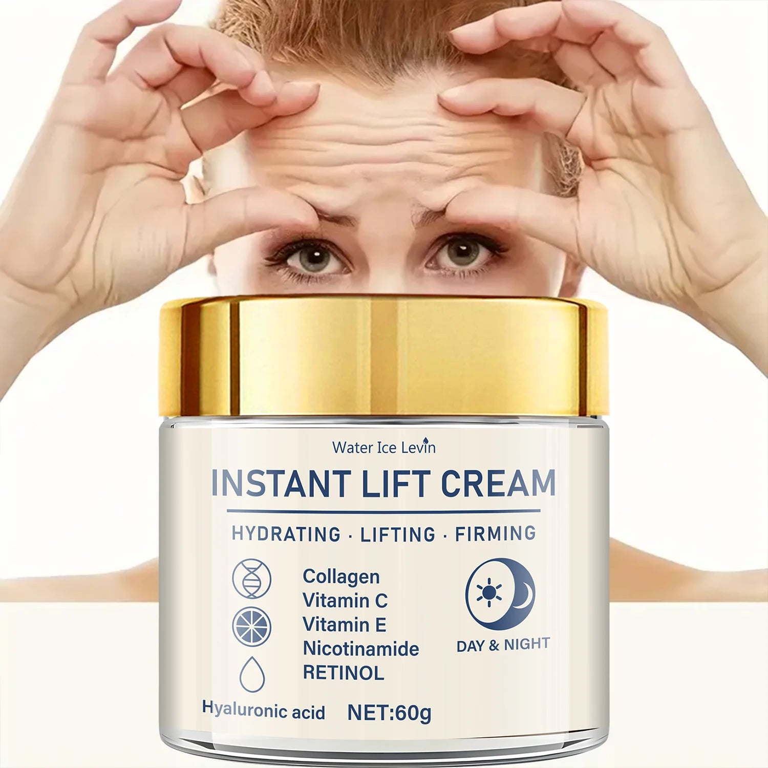 A 60g jar of anti-ageing instant lift cream with a gold lid, featuring collagen, retinol, and hyaluronic acid.