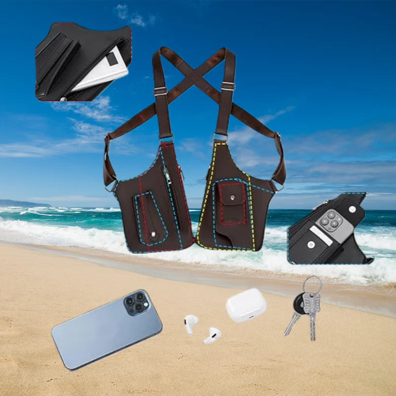 Brown tactical chest holster bag with adjustable straps, multi-compartments, and colourful stitching on a beach backdrop.