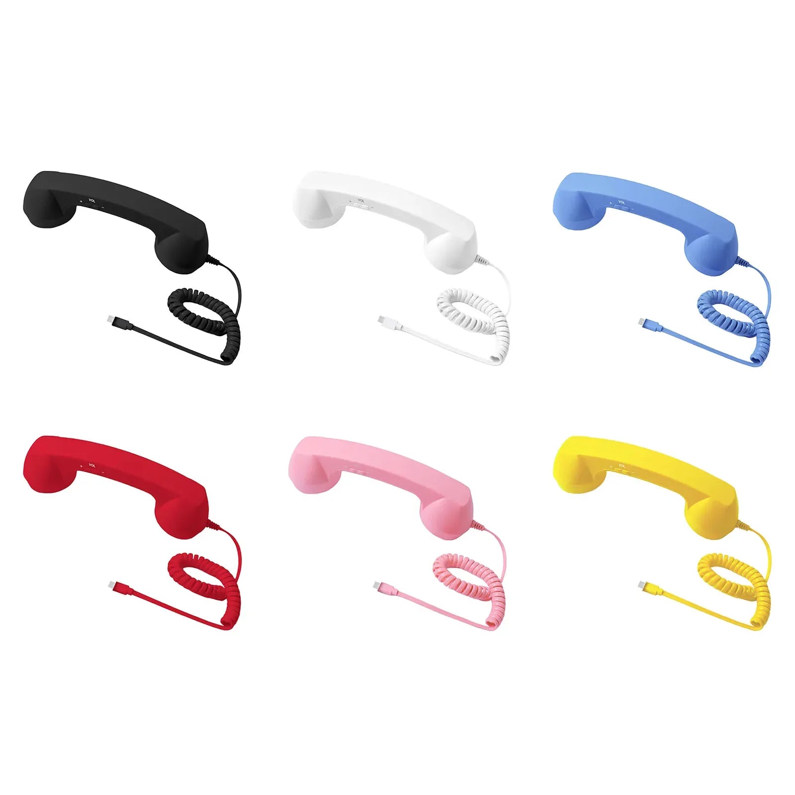 Six retro-style telephone handsets with coiled cables in black, white, blue, red, pink, and yellow.