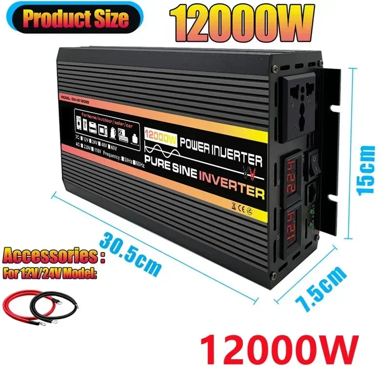 Black 12000W pure sine wave power inverter with digital voltage displays, power outlets and included battery cables.