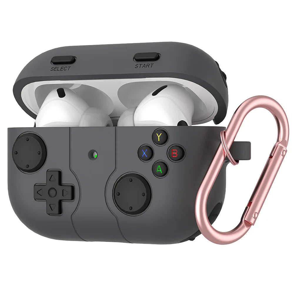 Grey silicone retro gaming controller case for AirPods Pro, featuring a rose gold carabiner.