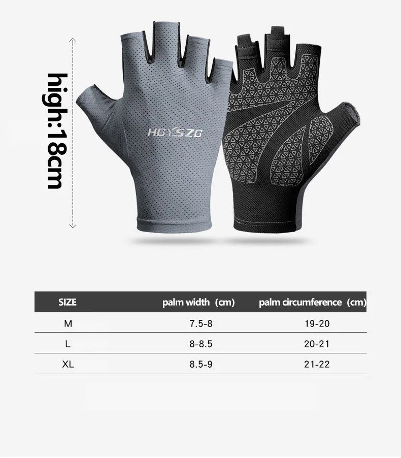 Pair of fingerless cycling gloves in grey and black with a geometric grip pattern and a sizing chart.
