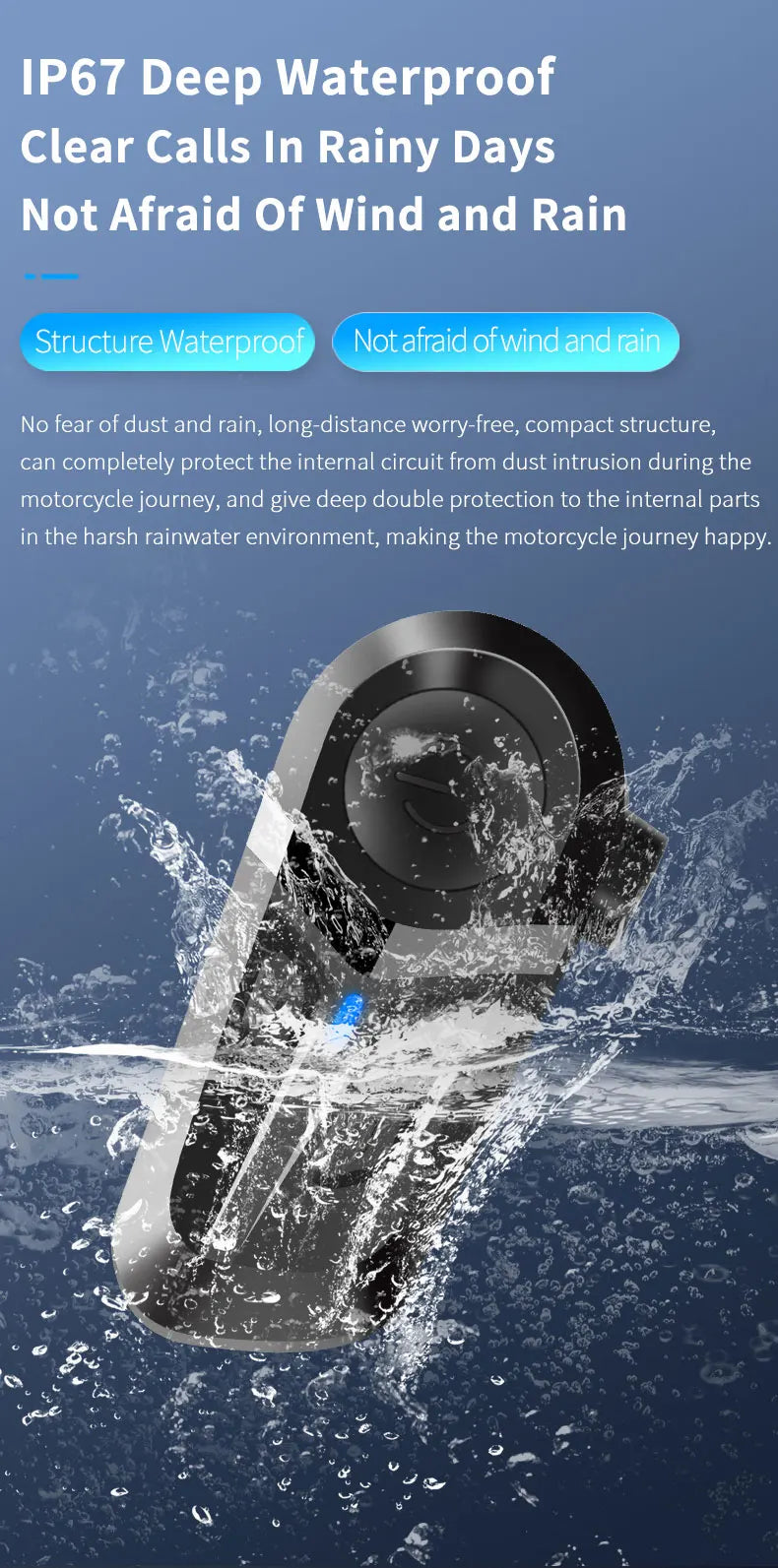 Black wireless motorcycle helmet headset with IP67 waterproof rating, shown splashed with water.