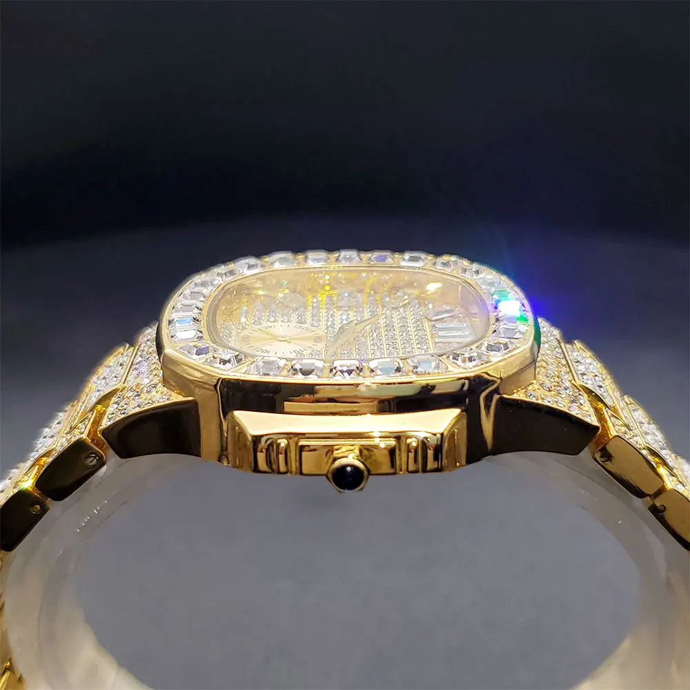 Gold iced-out quartz wristwatch with a stone-encrusted bezel, dial, and link band.